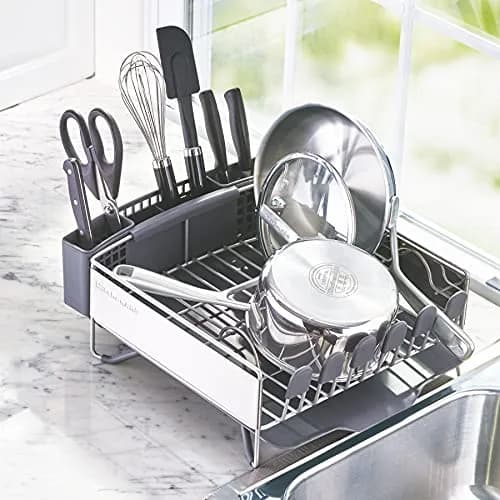 KitchenAid Compact Dish Rack with Removable Flatware Caddy & Self-Draining Board, Satin Gray | Space-Saving Kitchen Organizer thumbnail 5