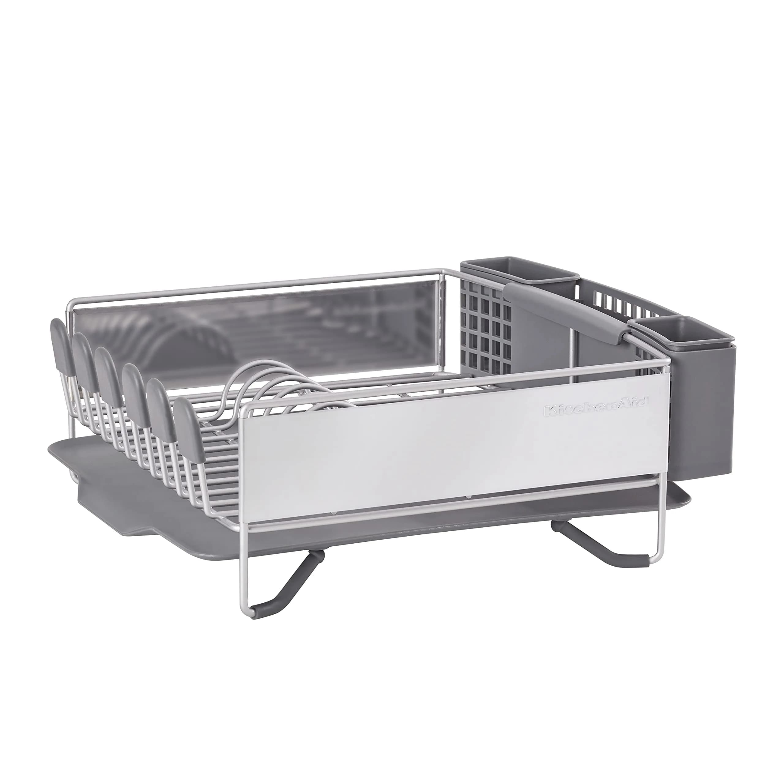 KitchenAid Compact Dish Rack with Removable Flatware Caddy & Self-Draining Board, Satin Gray | Space-Saving Kitchen Organizer