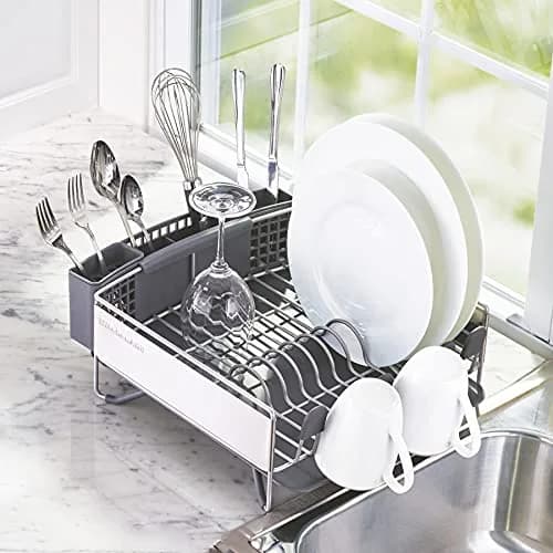 KitchenAid Compact Dish Rack with Removable Flatware Caddy & Self-Draining Board, Satin Gray | Space-Saving Kitchen Organizer thumbnail 4
