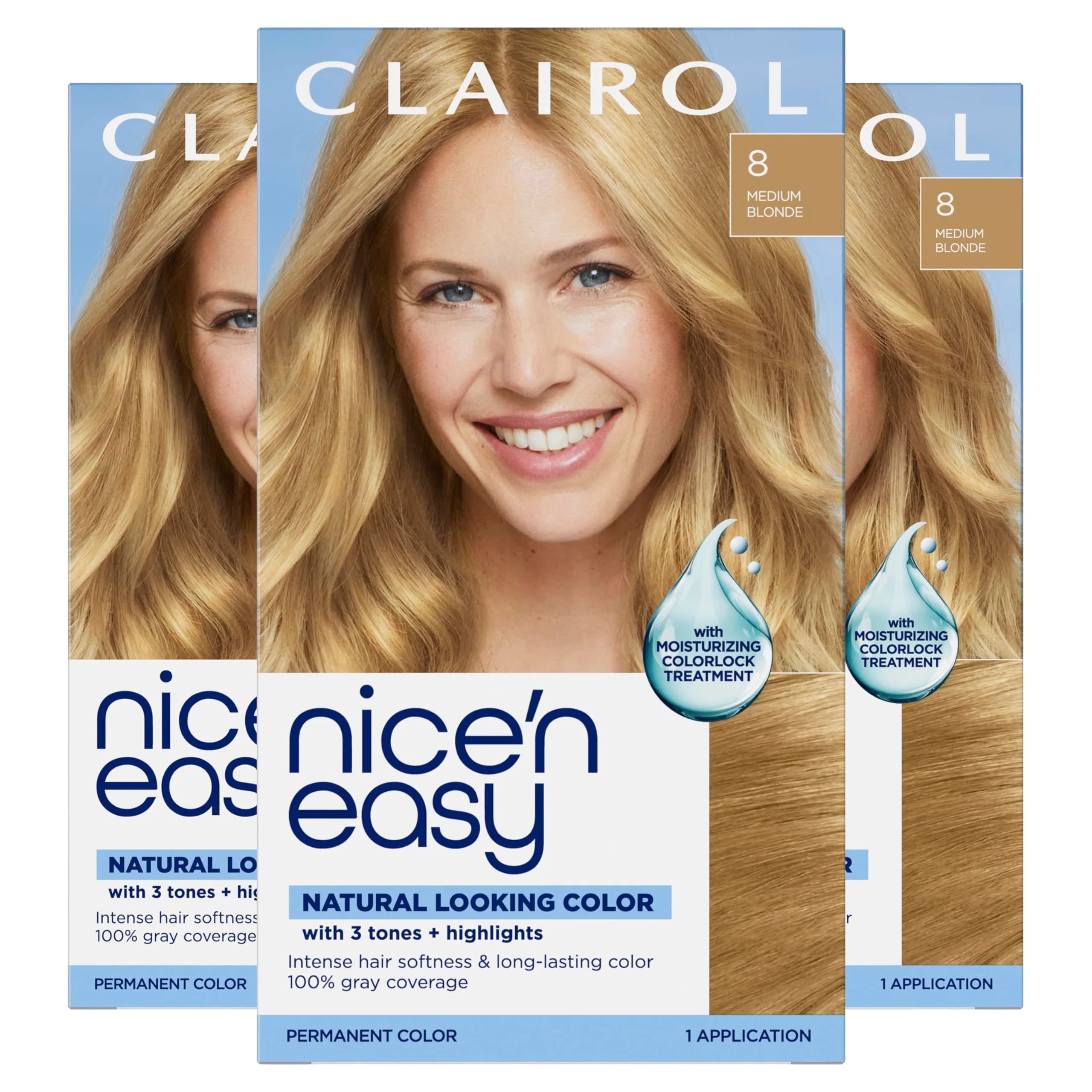 Clairol Nice'n Easy Permanent Hair Dye, 8 Medium Blonde (Pack of 3) | Natural Looking Color with 100% Gray Coverage