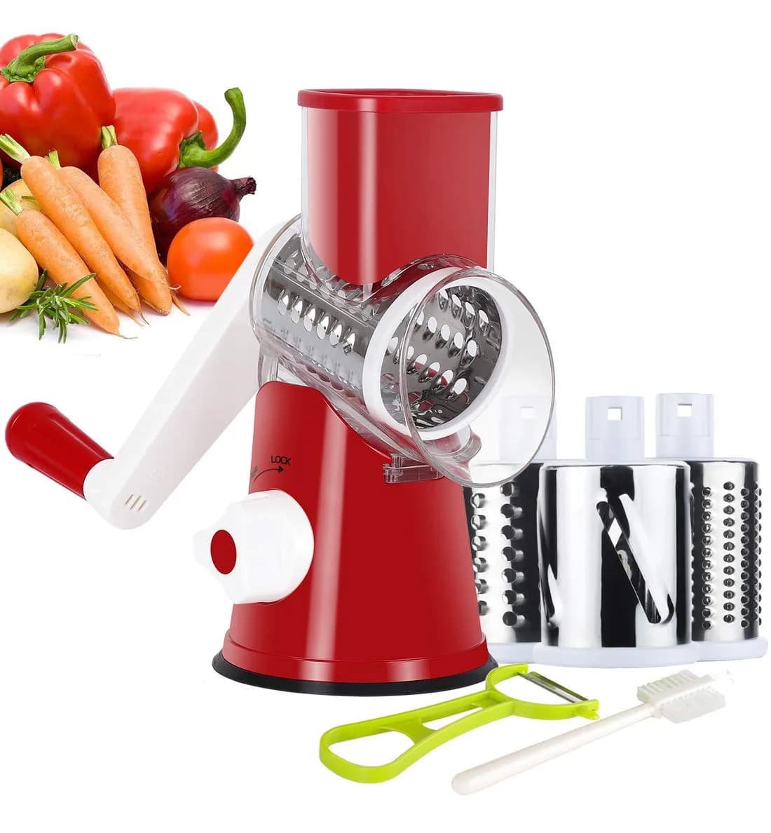 Ourokhome Rotary Cheese Grater Hand Crank | 3 Blades for Cheese & Vegetables, 304 Stainless Steel, Red