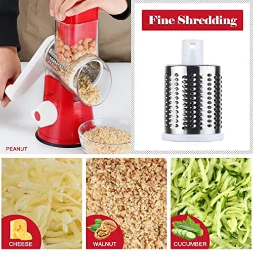 Ourokhome Rotary Cheese Grater Hand Crank | 3 Blades for Cheese & Vegetables, 304 Stainless Steel, Red thumbnail 4