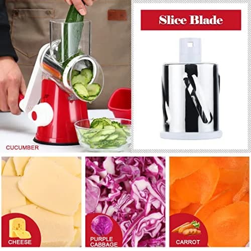 Ourokhome Rotary Cheese Grater Hand Crank | 3 Blades for Cheese & Vegetables, 304 Stainless Steel, Red thumbnail 5