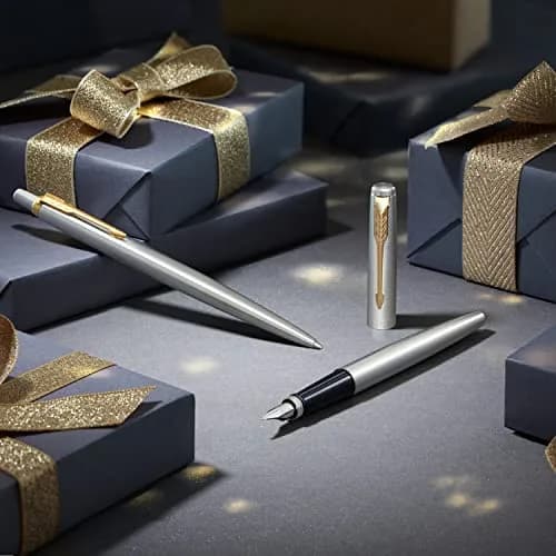 Parker Jotter Fountain Pen Black Stainless Steel Medium Nib Blue Ink | Iconic Design for Smooth Writing thumbnail 9