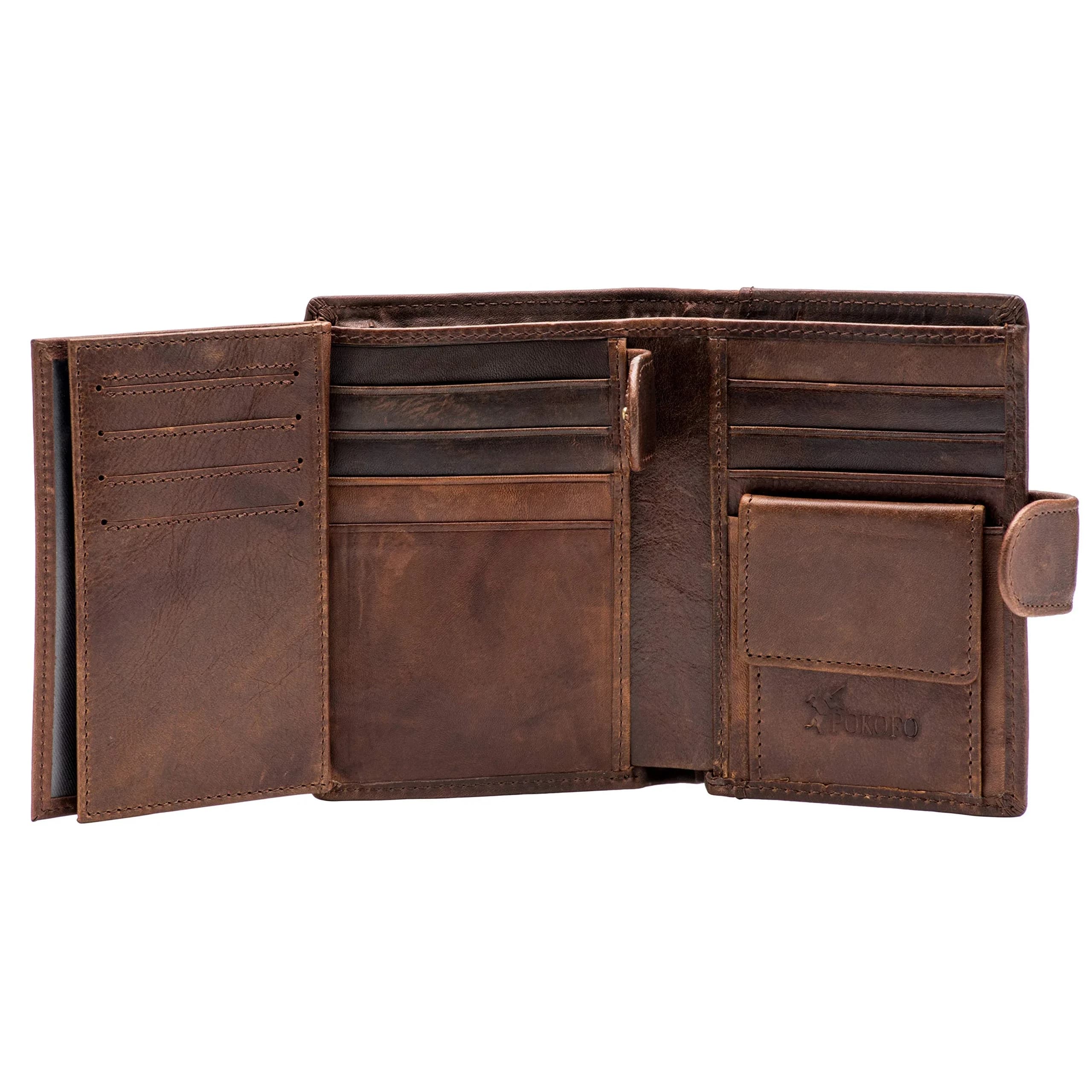 POKOFO Large RFID Genuine Leather Trifold Wallet for Men (Chocolate) 12.7cm (5") | Classic Design, 14 Card Slots — Coffee Large