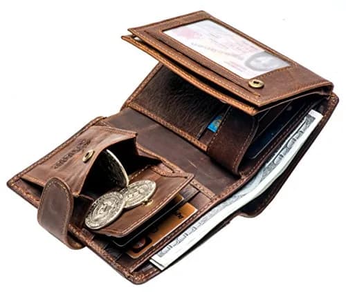 POKOFO Large RFID Genuine Leather Trifold Wallet with Snap Closure & 14 Card Slots | Coffee Color thumbnail 6