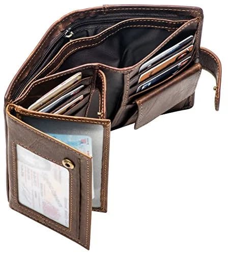 POKOFO Large RFID Genuine Leather Trifold Wallet with Snap Closure & 14 Card Slots | Coffee Color thumbnail 7