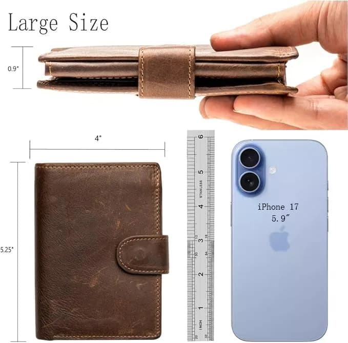 POKOFO Large RFID Genuine Leather Trifold Wallet with Snap Closure & 14 Card Slots | Coffee Color thumbnail 3