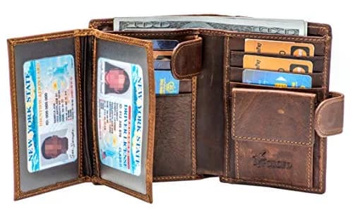 POKOFO Large RFID Genuine Leather Trifold Wallet with Snap Closure & 14 Card Slots | Coffee Color thumbnail 4
