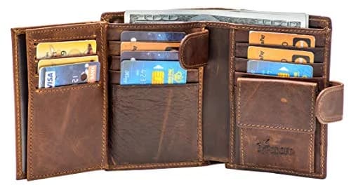 POKOFO Large RFID Genuine Leather Trifold Wallet with Snap Closure & 14 Card Slots | Coffee Color thumbnail 5