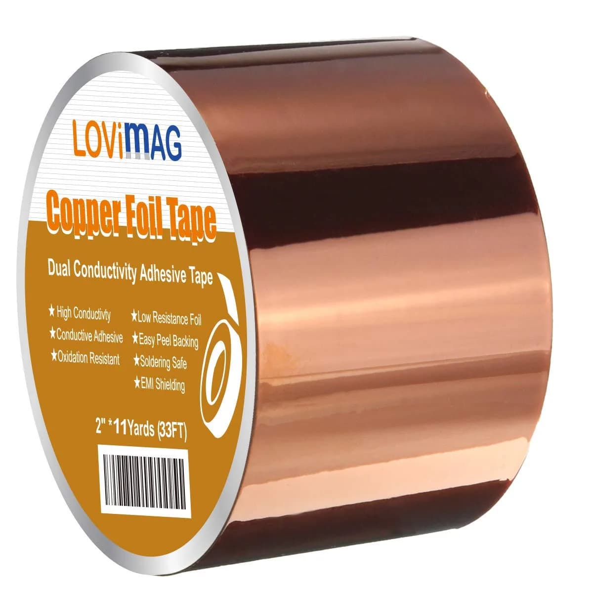 LOVIMAG Copper Foil Tape 50mm x 10m (2in x 33ft) | Dual Conductive Adhesive for EMI Shielding & Crafts