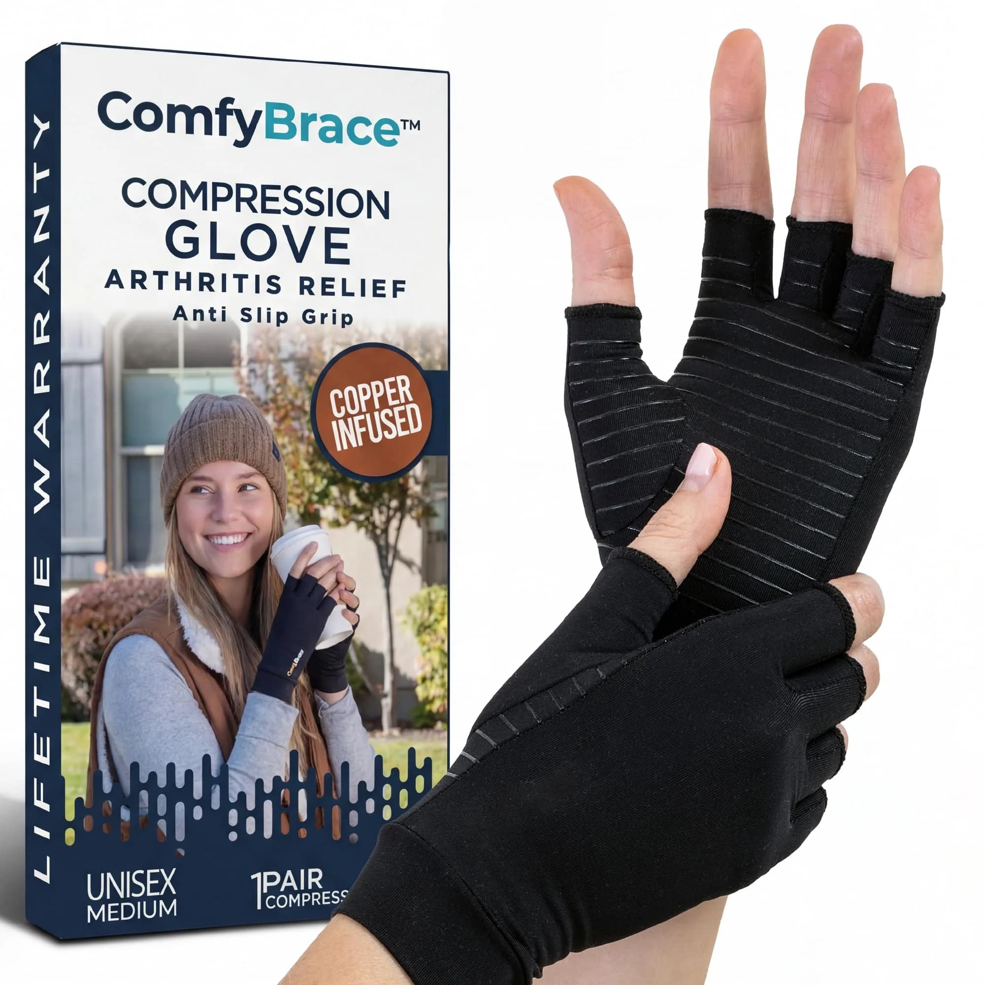 ComfyBrace Copper Infused Arthritis Gloves - Medium, Black | Hand & Finger Relief from Rheumatoid Arthritis, Carpal Tunnel, Tendonitis & Poor Circulation — Small (1 Pair)
