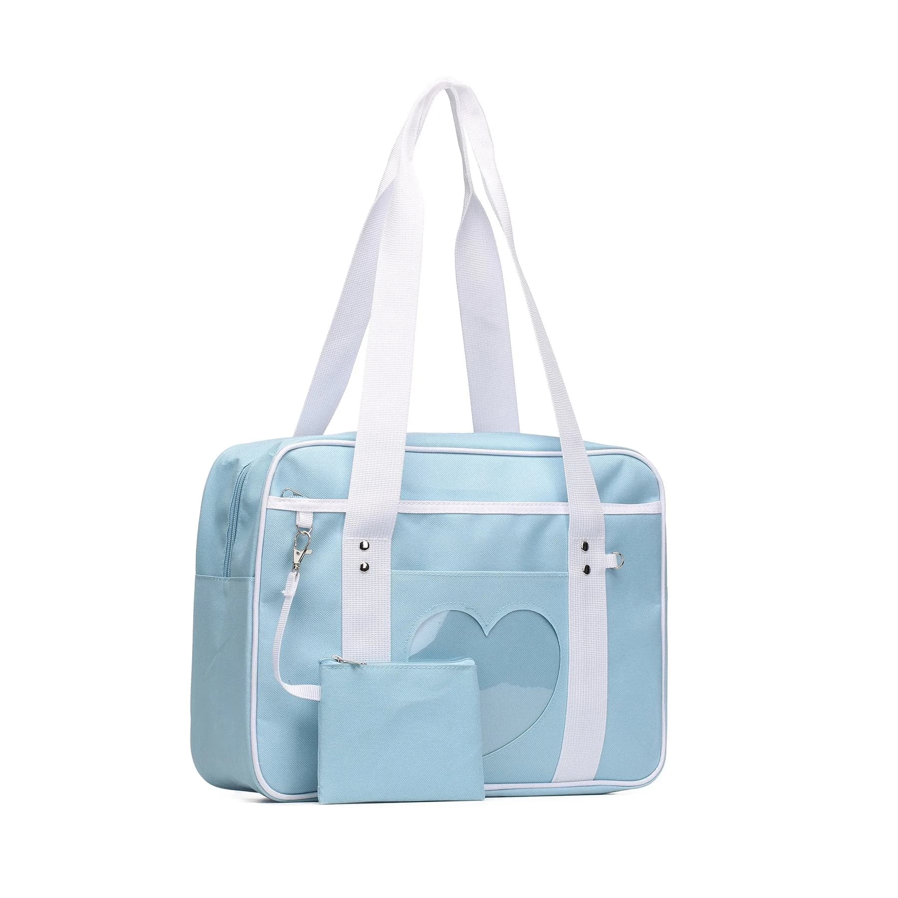 STEAMEDBUN Kawaii Ita Bag Japanese School Bag Large Tote Bag with Heart Window | 37cm (14.8 inch) Pink Straps — Blue