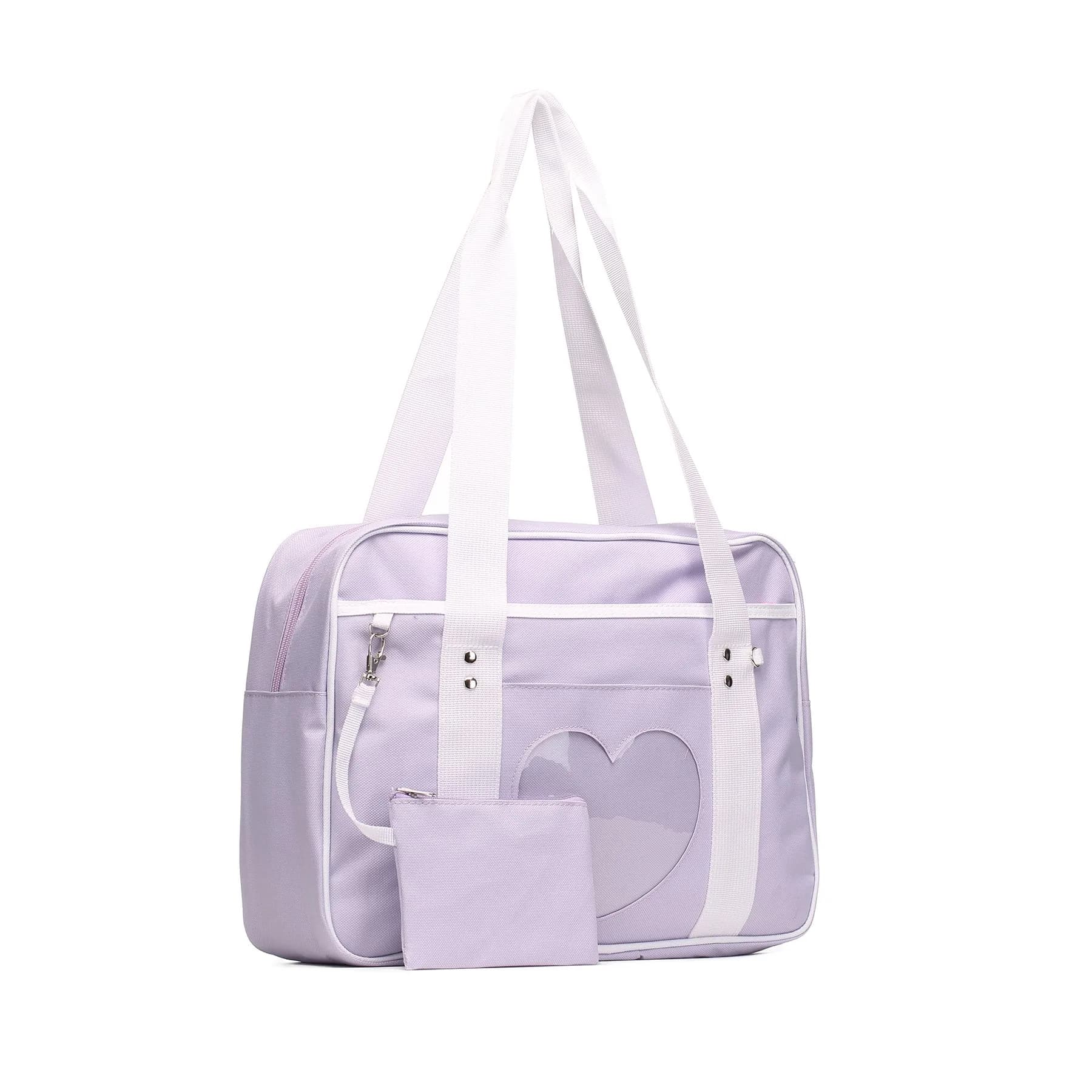 STEAMEDBUN Kawaii Ita Bag Japanese School Bag Large Tote Bag with Heart Window | 37cm (14.8 inch) Pink Straps — Purple