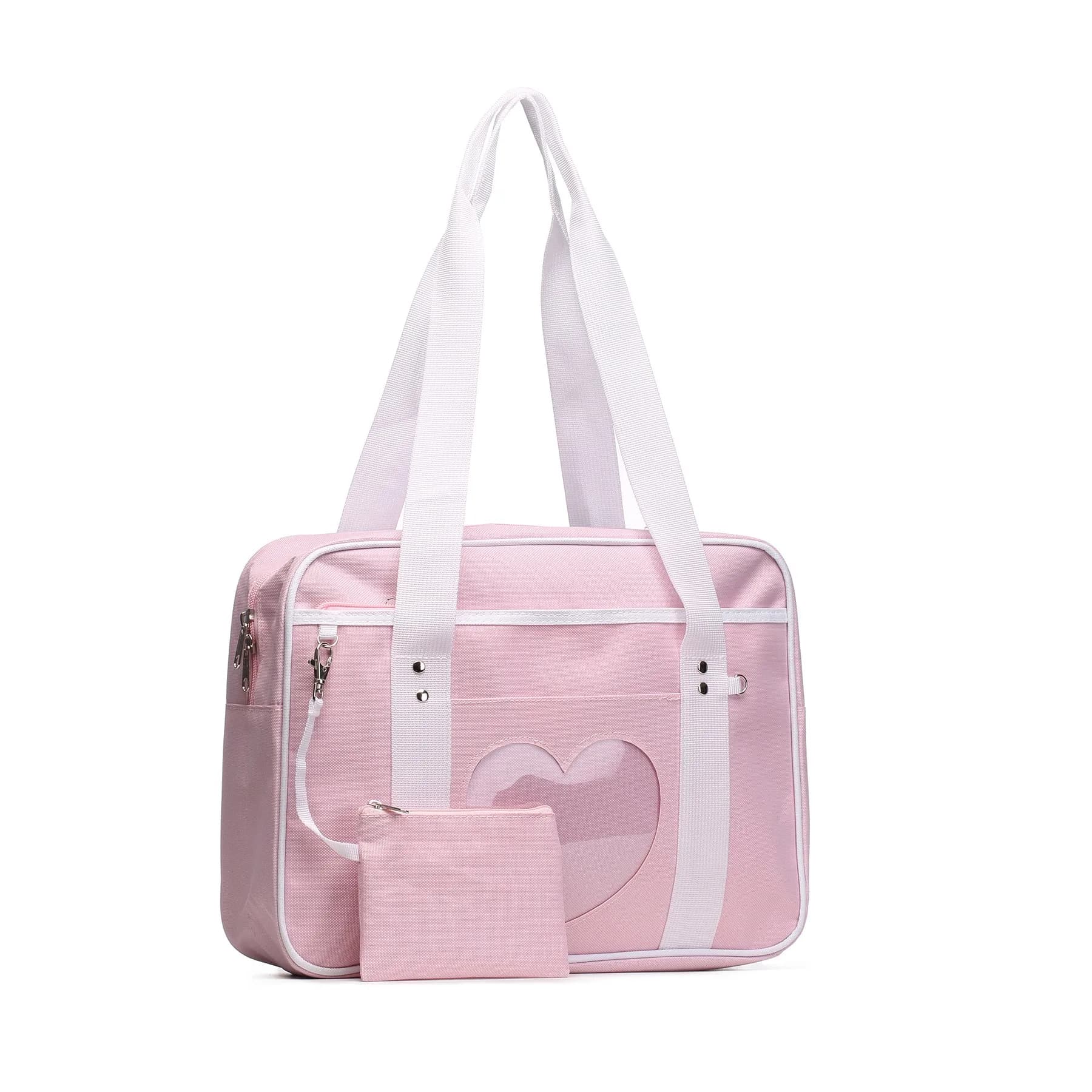 STEAMEDBUN Kawaii Ita Bag Japanese School Bag Large Tote Bag with Heart Window | 37cm (14.8 inch) Pink Straps — Pink