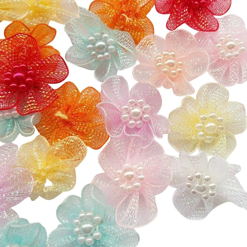 Chenkou Craft 40pcs 28mm Organza Ribbon Flowers with Beads Appliques | Wedding Craft Embellishments - main product image
