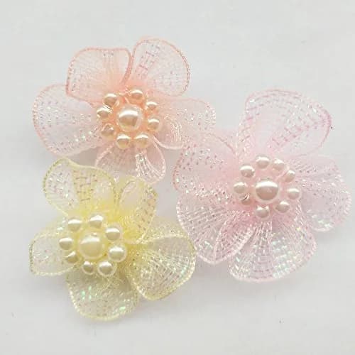 Chenkou Craft 40pcs 28mm Organza Ribbon Flowers with Beads Appliques | Wedding Craft Embellishments thumbnail 2
