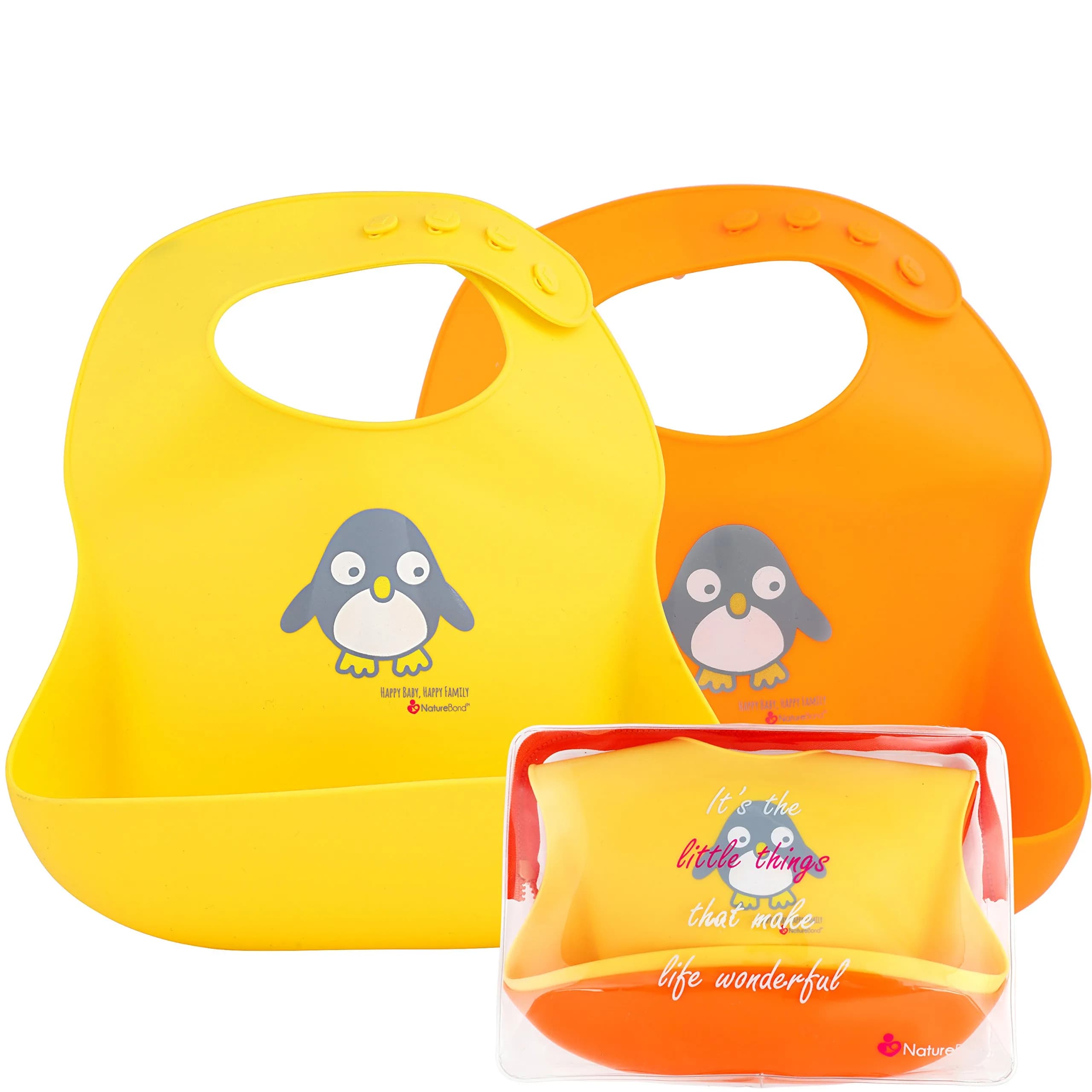 NatureBond Waterproof Baby Bibs Set of 2 with Pouch | Food Grade Silicone Weaning Bibs for Babies & Toddlers — Lemonade Yellow & Tangerine Orange