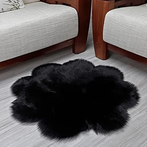 CHITONE Black Sheepskin Wool Faux Fur Area Rug 120 cm (4 ft) Diameter | Soft Shaggy Fluffy Carpet for Bedroom thumbnail 3