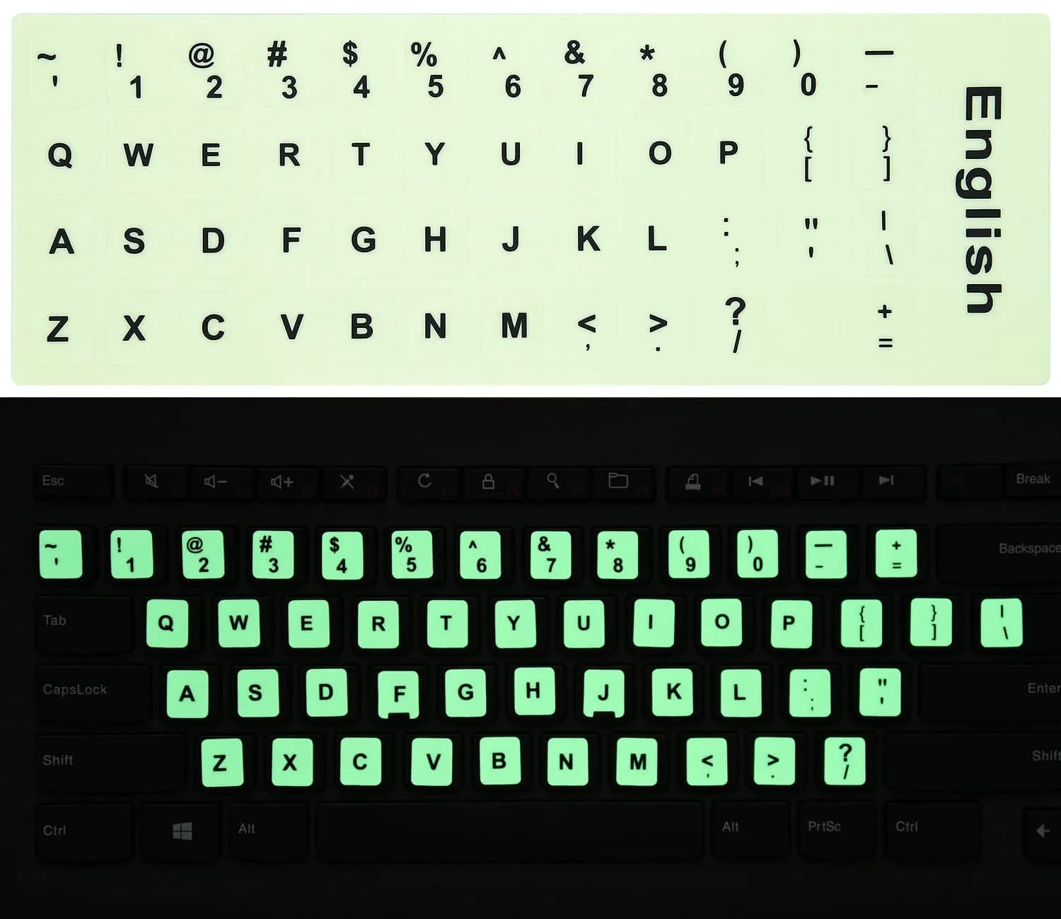 CaseBuy 2PCS Pack Universal English Keyboard Stickers Glow in The Dark | Luminous PVC for Laptops - main product image