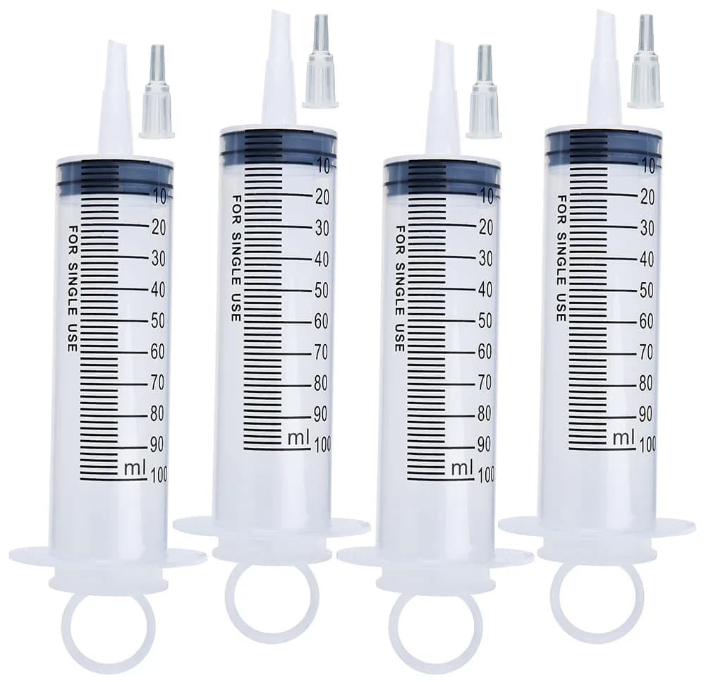 A AKRAF 150ml Syringe with Tip Adapter | Industrial Lab & Garden Use, 4 Pack, Large Plastic Syringes for Scientific & Watering Tasks — syringes only / 100ml