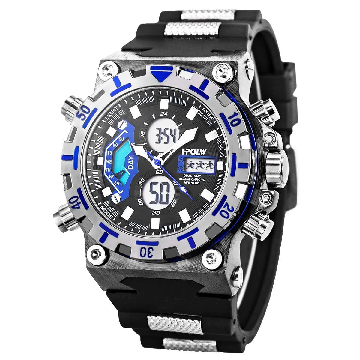 SIBOSUN Sport Digital Watch for Men — 47.5mm Case, Black Silicone Band | Dual Zone, Stopwatch, Alarm — Black Blue
