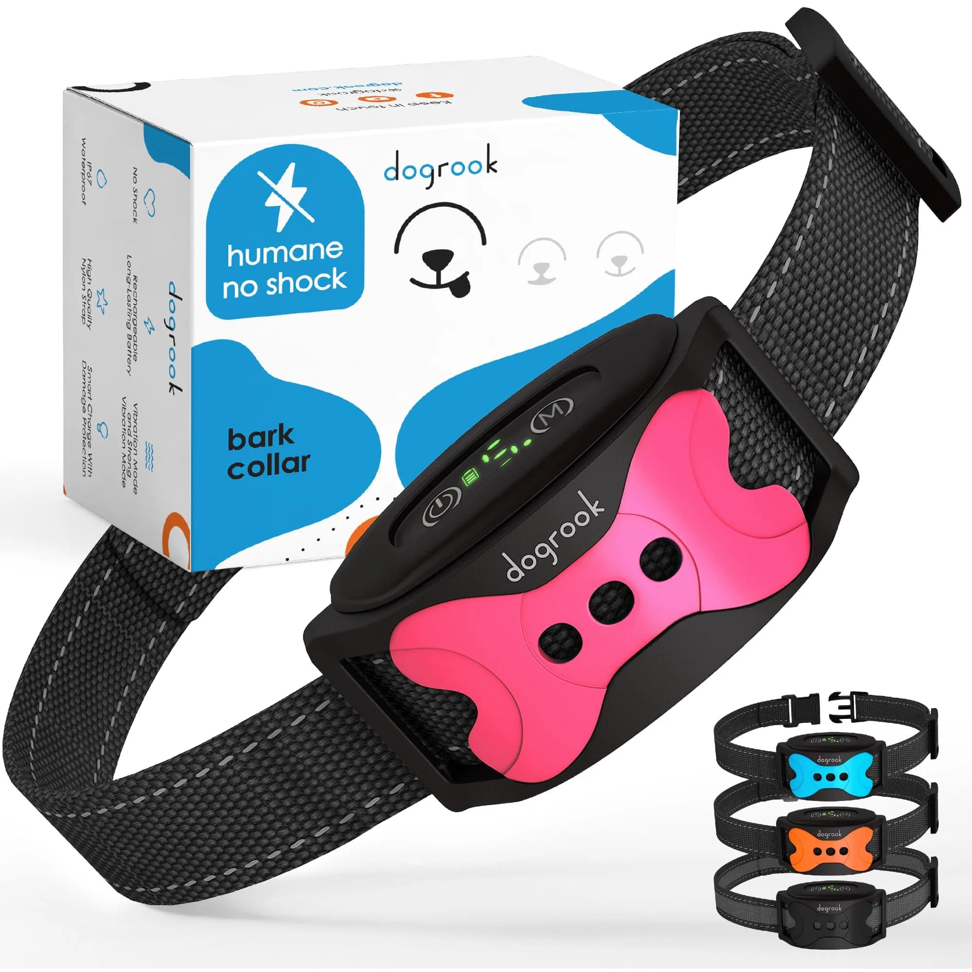 DogRook Humane Rechargeable Bark Collar for Dogs | Beep & Vibration, Waterproof, Pink