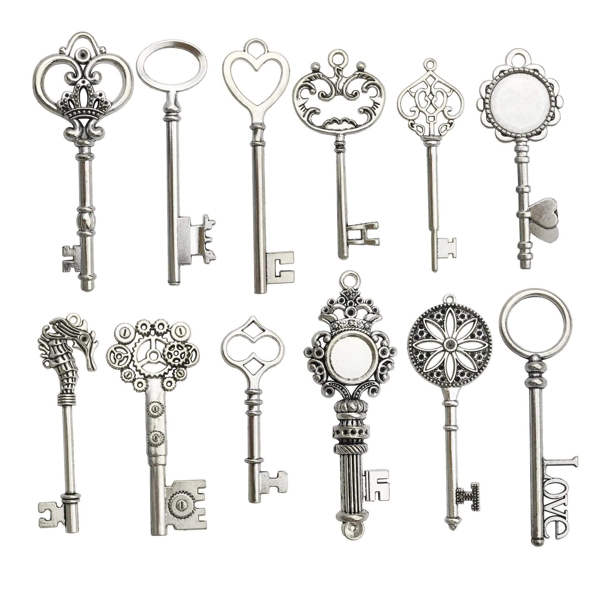 iloveDIYbeads Antique Silver Huge Skeleton Key Charms 55-80mm (12pcs) | Vintage Jewelry Making Pendants — M102-12pcs