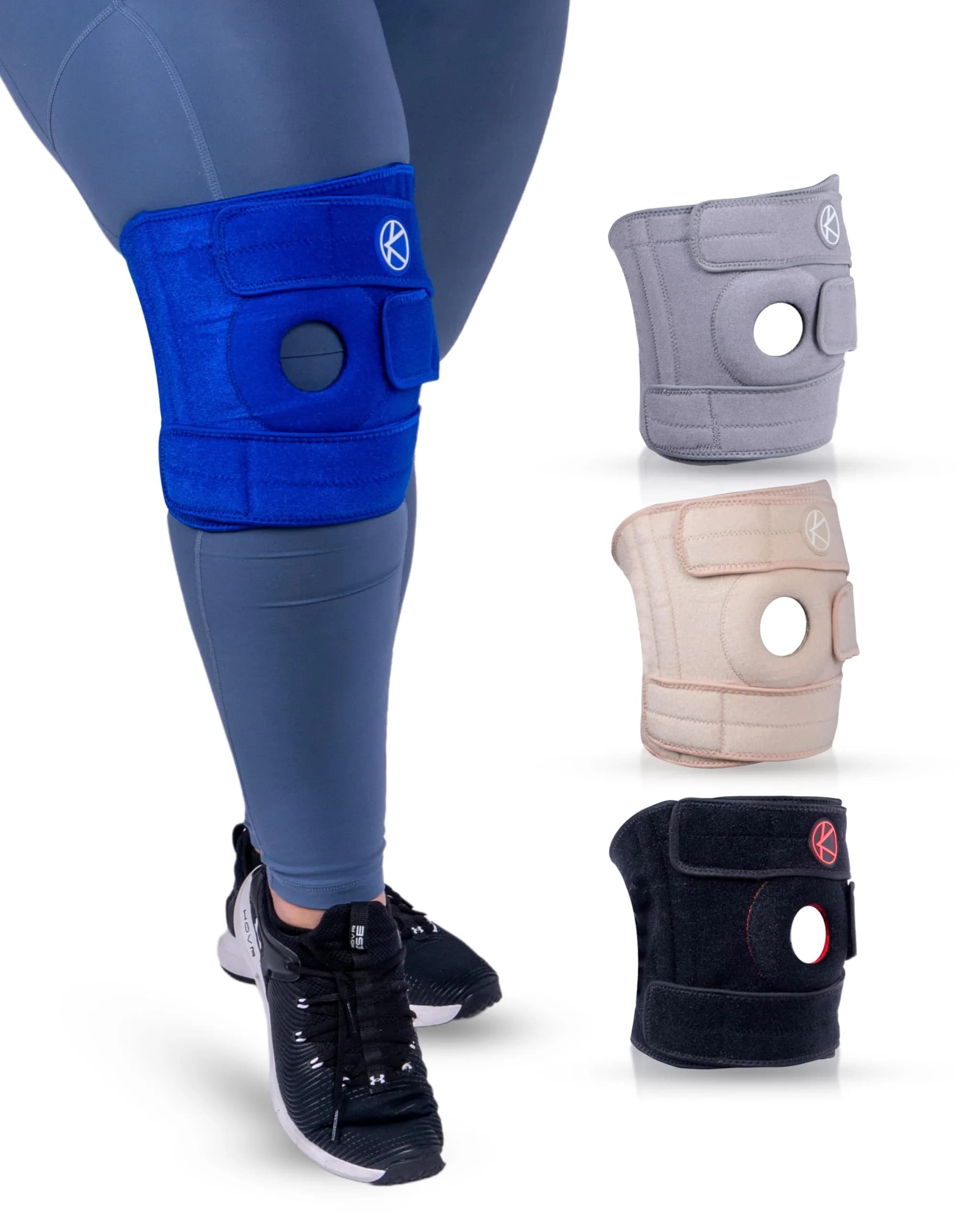 KARM Black Plus Size Knee Brace for Men & Women | Adjustable Support with Side Stabilizers & Open Patella (Size 3: 4XL/5XL/6XL) — Blue