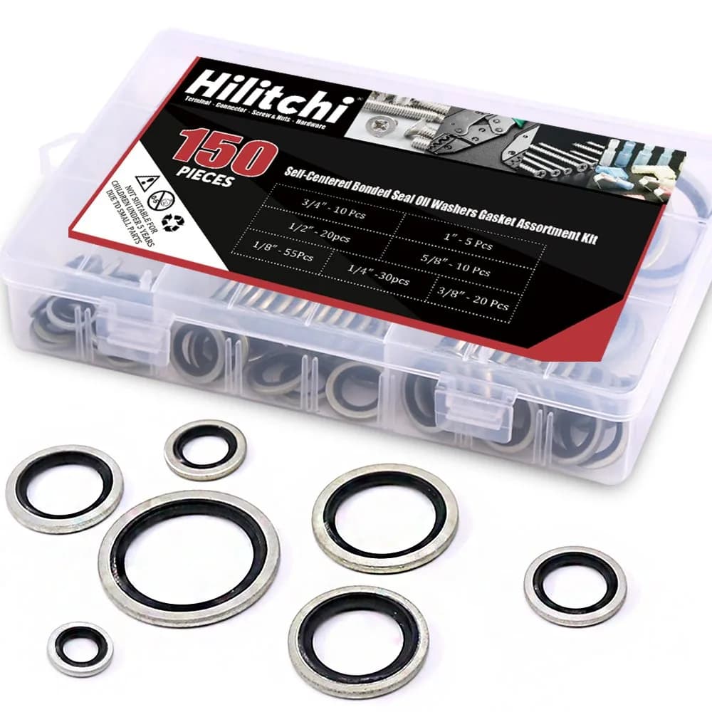 Hilitchi Bonded Seal Washer 7 Sizes | Automotive Self-Centered Oil Gasket Kit (150 pcs, Zinc Steel & Rubber) - main product image