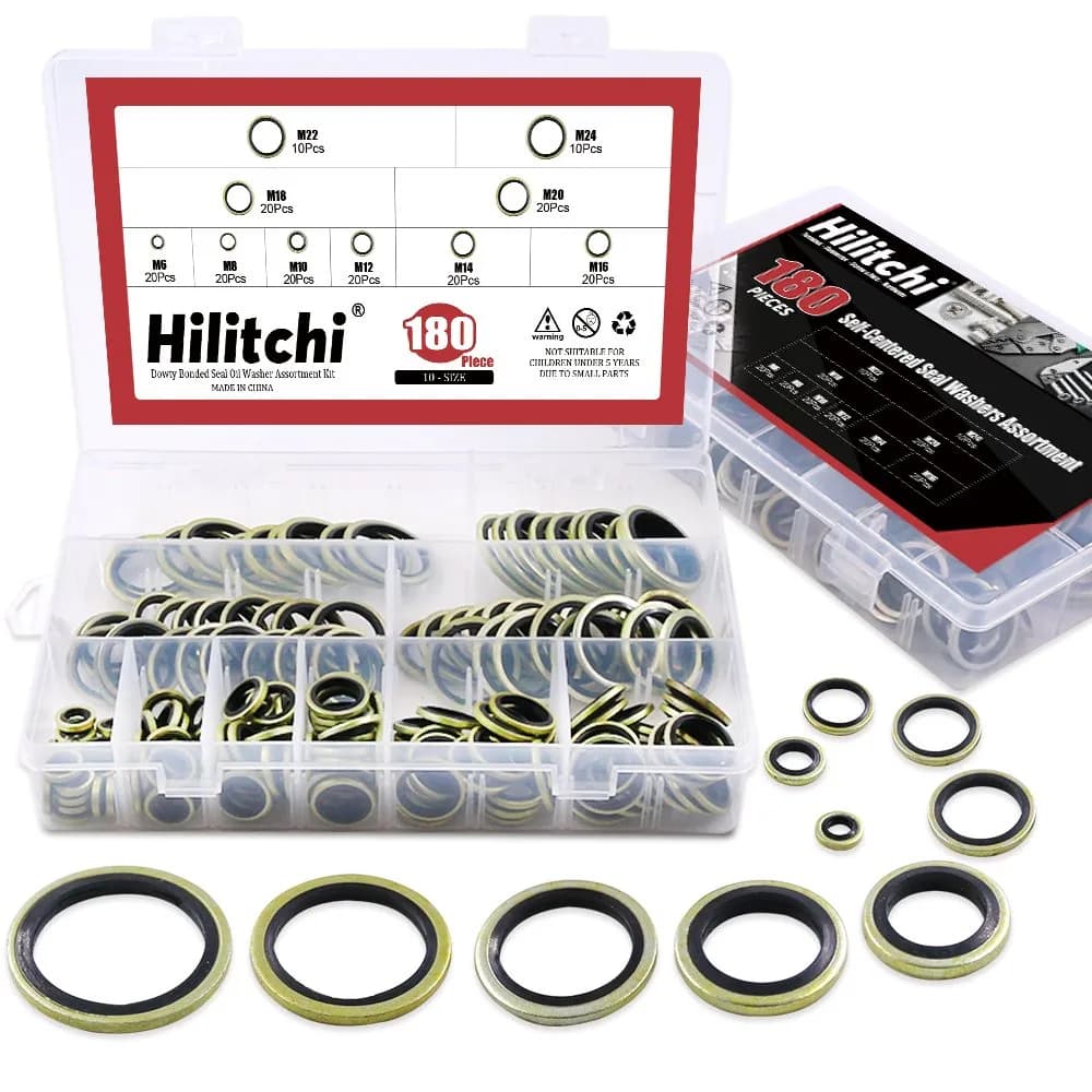 Hilitchi 180-Pcs Metric Dowty Bonded Seal Oil Washer Assortment Kit | 10 Sizes M6 to M24, Zinc Plated Steel & Rubber, Assorted in Storage Case - main product image