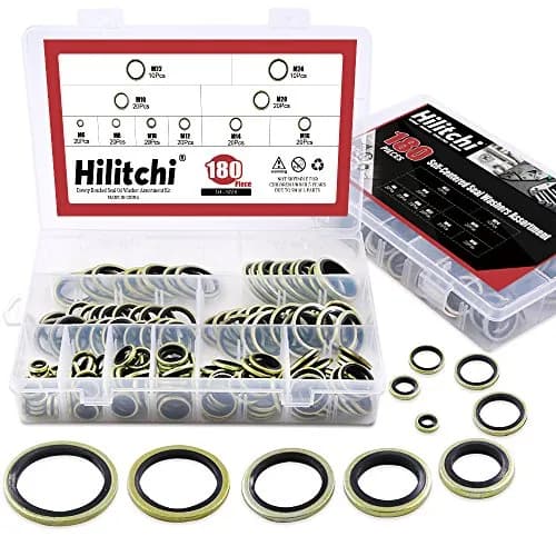 Hilitchi 180-Pcs Metric Dowty Bonded Seal Oil Washer Assortment Kit | 10 Sizes M6 to M24, Zinc Plated Steel & Rubber, Assorted in Storage Case thumbnail 1