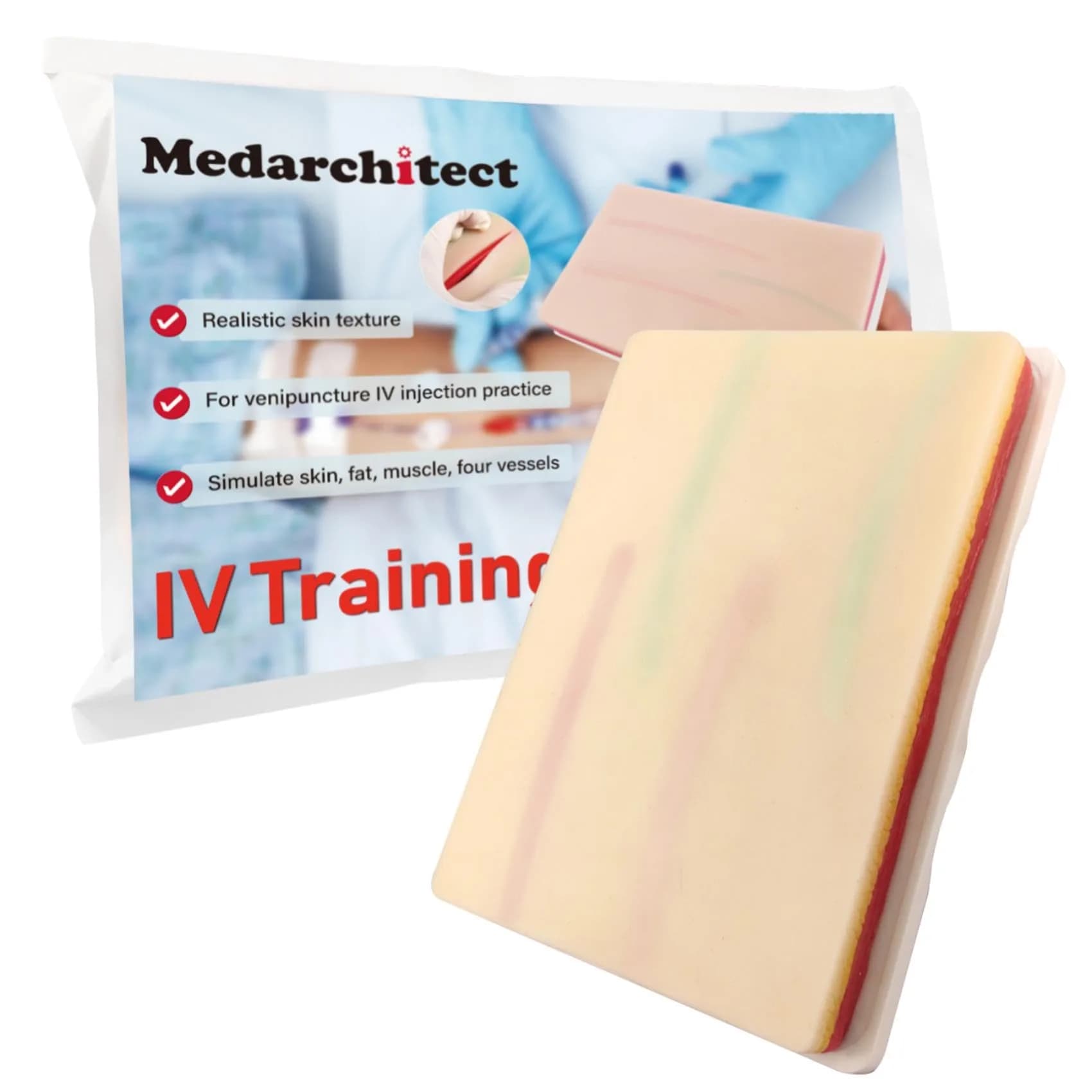 Medarchitect Venipuncture IV Injection Training Pad Model with 4 Veins Imbedded and 3 Skin Layers for Medical Students Doctors Nurses Practice | Realistic & Portable - main product image