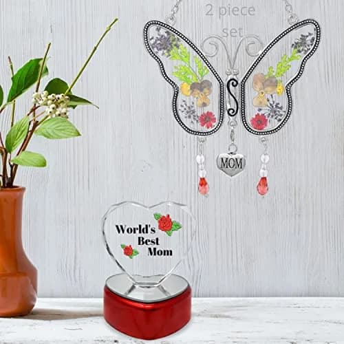 BANBERRY DESIGNS Mother Gift Set – Mom Butterfly Suncatcher with Pressed Flowers + LED Heart, 4" x 3" | Window Hanging & Table Decor thumbnail 2