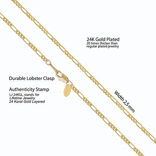 LIFETIME JEWELRY 2.5mm Figaro Chain Necklace 16 inches | Gold Plated Bronze with Lobster Clasp thumbnail 4