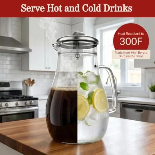 Classic Cuisine Glass Pitcher 1.89 L (64 oz) with Stainless Steel Filter Lid | Heat Resistant Borosilicate Glass Carafe thumbnail 4