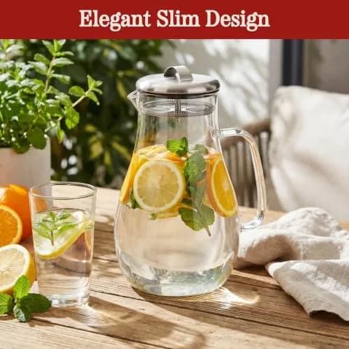Classic Cuisine Glass Pitcher 1.89 L (64 oz) with Stainless Steel Filter Lid | Heat Resistant Borosilicate Glass Carafe thumbnail 6