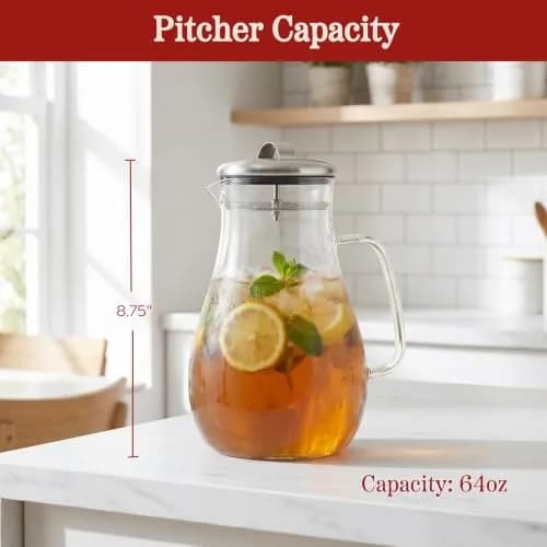 Classic Cuisine Glass Pitcher 1.89 L (64 oz) with Stainless Steel Filter Lid | Heat Resistant Borosilicate Glass Carafe thumbnail 2
