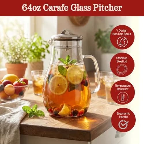 Classic Cuisine Glass Pitcher 1.89 L (64 oz) with Stainless Steel Filter Lid | Heat Resistant Borosilicate Glass Carafe thumbnail 3