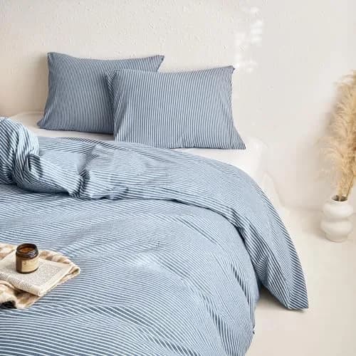 Wake In Cloud Striped Cotton Duvet Cover Set, Denim Blue, King | Classic Farmhouse Style with Corner Ties & Zipper Closure thumbnail 4