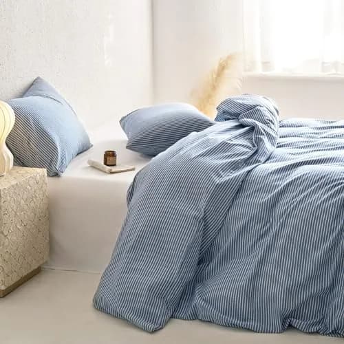 Wake In Cloud Striped Cotton Duvet Cover Set, Denim Blue, King | Classic Farmhouse Style with Corner Ties & Zipper Closure thumbnail 5
