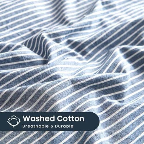 Wake In Cloud Striped Cotton Duvet Cover Set, Denim Blue, King | Classic Farmhouse Style with Corner Ties & Zipper Closure thumbnail 6