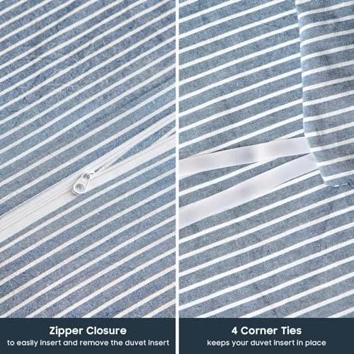 Wake In Cloud Striped Cotton Duvet Cover Set, Denim Blue, King | Classic Farmhouse Style with Corner Ties & Zipper Closure thumbnail 7