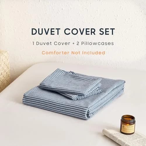Wake In Cloud Striped Cotton Duvet Cover Set, Denim Blue, King | Classic Farmhouse Style with Corner Ties & Zipper Closure thumbnail 2