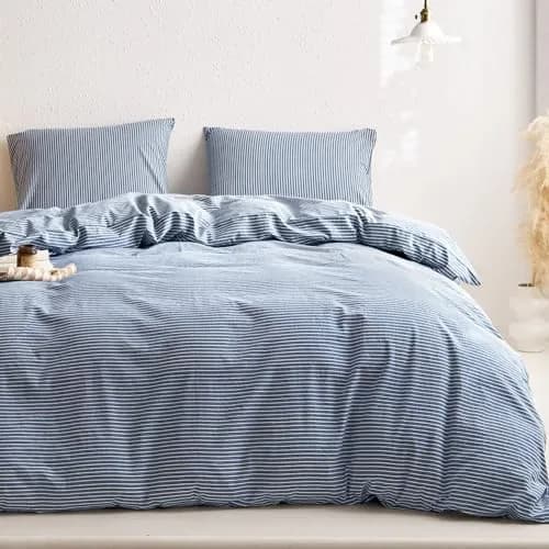 Wake In Cloud Striped Cotton Duvet Cover Set, Denim Blue, King | Classic Farmhouse Style with Corner Ties & Zipper Closure thumbnail 3