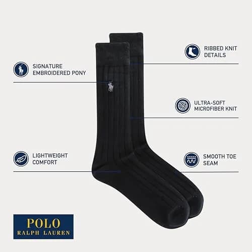 POLO RALPH LAUREN Men's Super Soft Ribbed Dress Crew Socks, 3 Pairs | Ultrasoft Polyester Blend, Reinforced Heel & Toe, Odor-Resistant, Crew Length, Black thumbnail 2