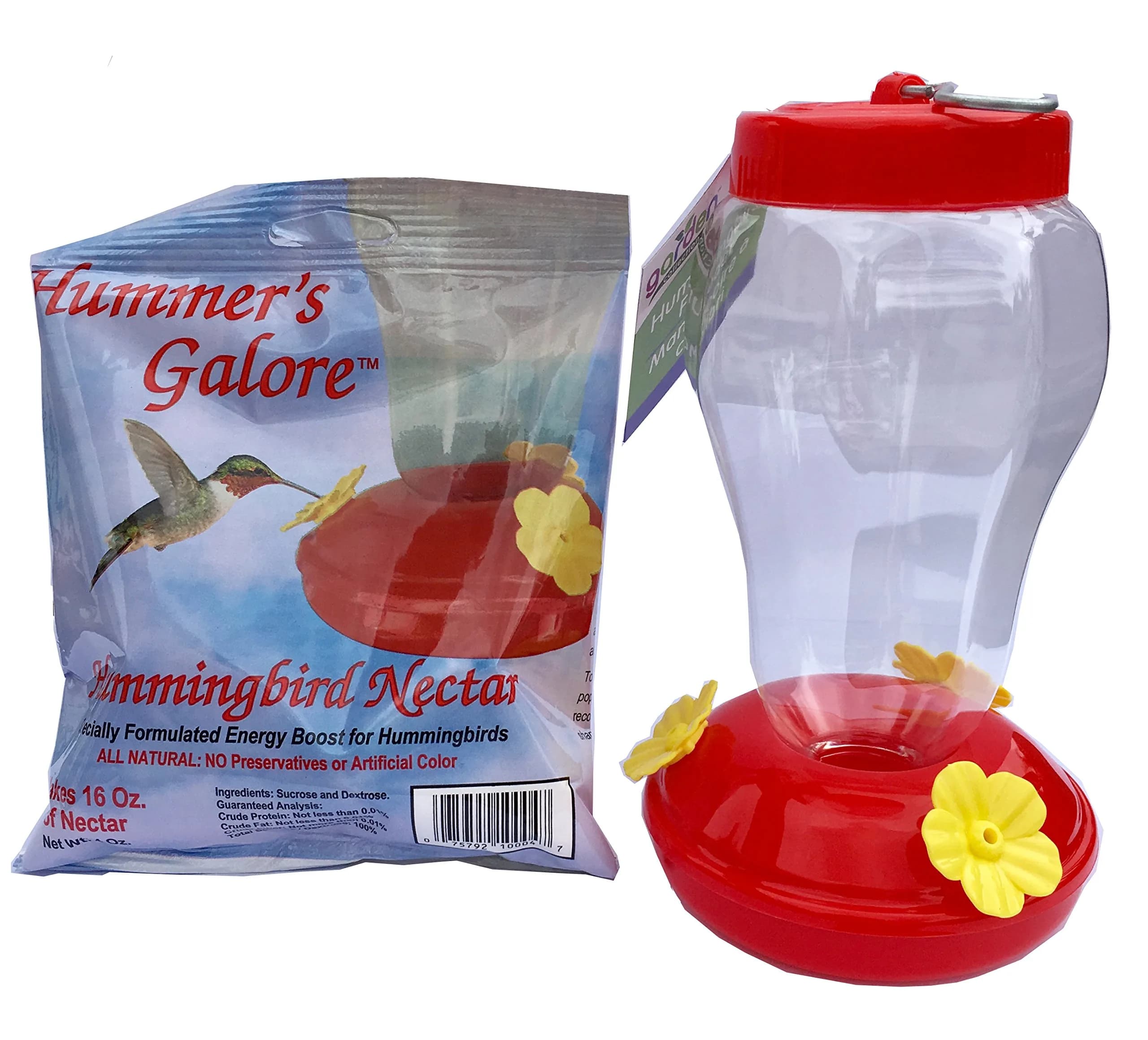 Garden Collection Simple Hummingbird Feeder with Hook and Nectar | Easy-Refill Top, 16 fl oz, Red with Yellow Flowers - main product image