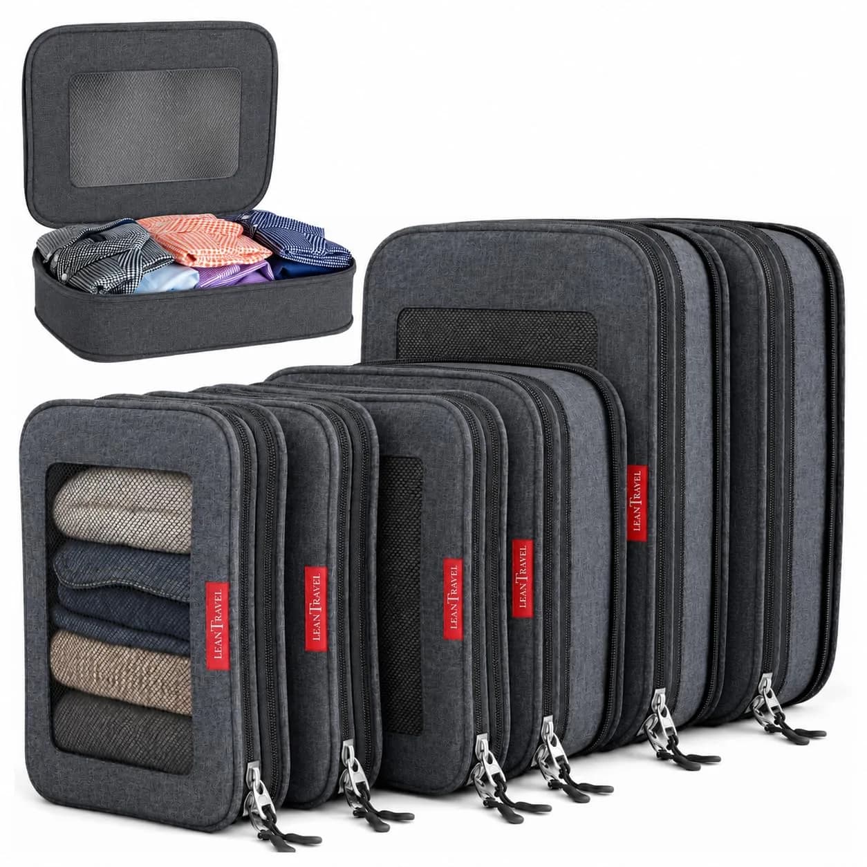 LeanTravel Premium Compression Packing Cubes for Travel - Suitcase Organizer Bags with Double Zipper & Breathable Mesh Panel - Space Saving Carry On Luggage Essentials (6-Pack, Black) - main product image