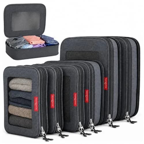LeanTravel Premium Compression Packing Cubes for Travel - Suitcase Organizer Bags with Double Zipper & Breathable Mesh Panel - Space Saving Carry On Luggage Essentials (6-Pack, Black) thumbnail 1