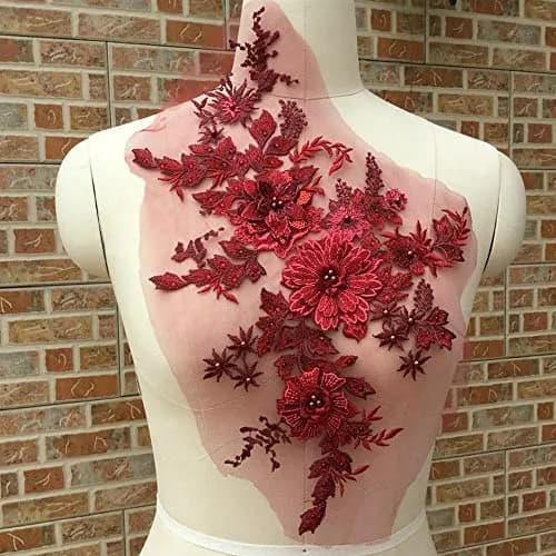 FEEPOP 1 Pair 3D Flowers Beaded Lace Applique 35x31cm | Perfect for Dresses & Decor thumbnail 2